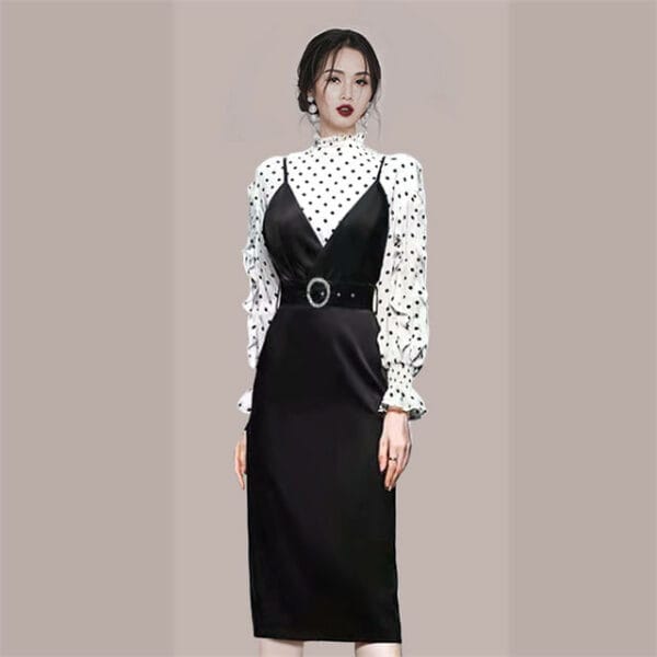 Autumn New Dots Blouse with Fitted Waist Straps Dress 4