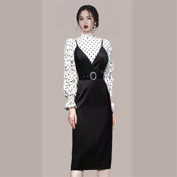 Autumn New Dots Blouse with Fitted Waist Straps Dress 3