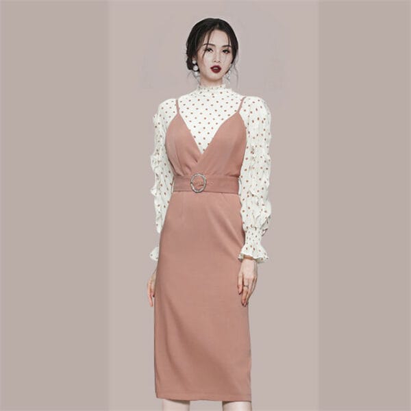 Autumn New Dots Blouse with Fitted Waist Straps Dress 2