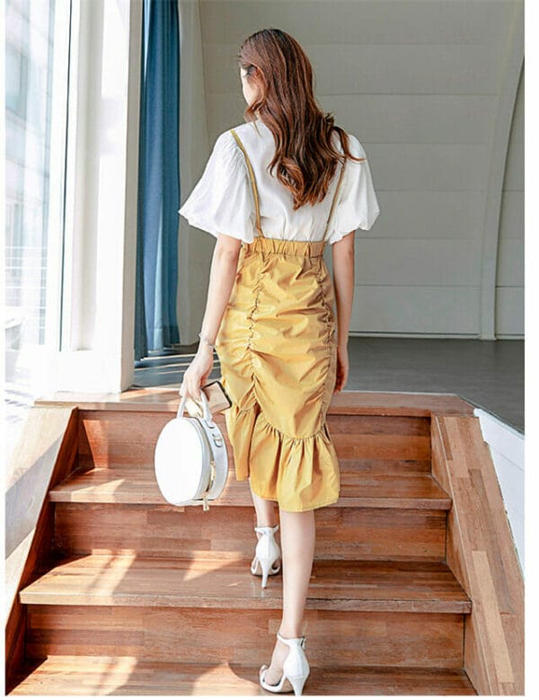 Autumn New Flare Sleeve Blouse with Pleated Fishtail Straps Dress 7