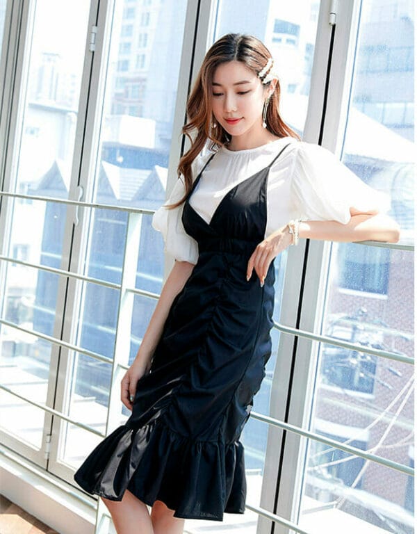 Autumn New Flare Sleeve Blouse with Pleated Fishtail Straps Dress 6