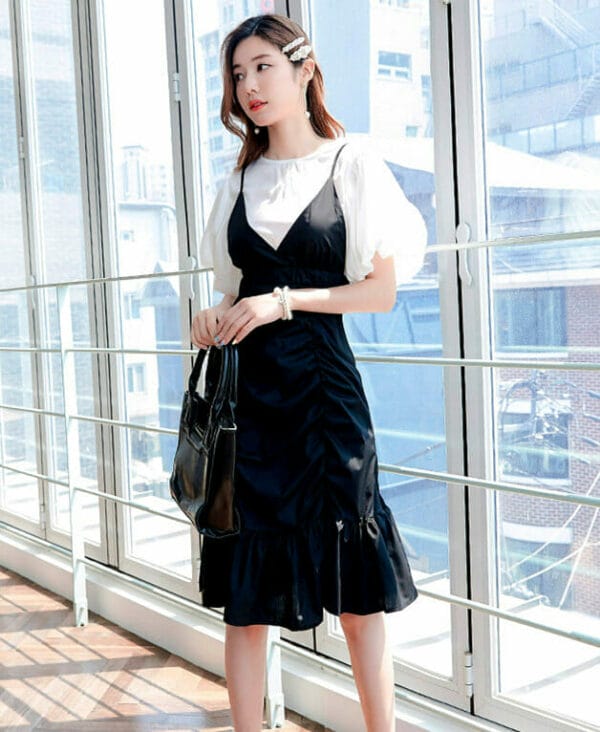 Autumn New Flare Sleeve Blouse with Pleated Fishtail Straps Dress 4