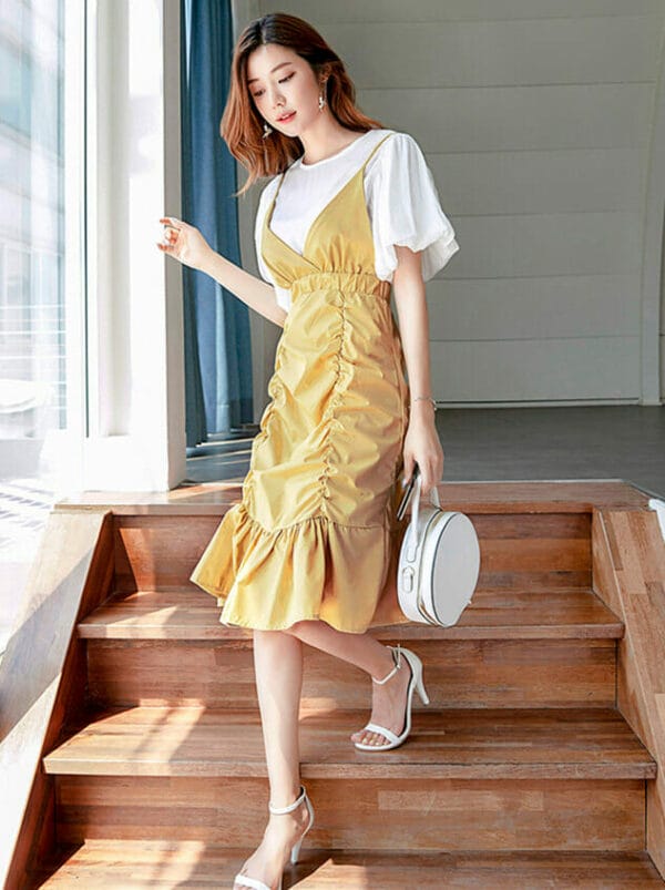 Autumn New Flare Sleeve Blouse with Pleated Fishtail Straps Dress 3