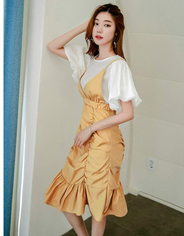 Autumn New Flare Sleeve Blouse with Pleated Fishtail Straps Dress 2