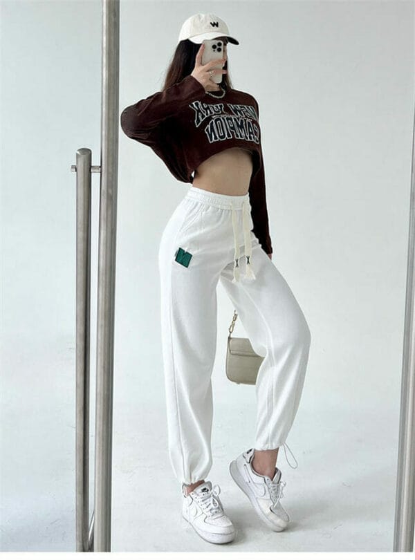 Autumn New Letters Short Tops with Tie Waist Long Pants 5