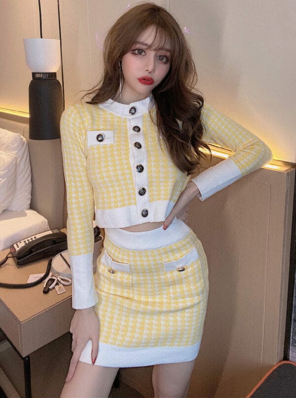Autumn New Single-breasted Houndstooth Slim Knitting Dress Set 1