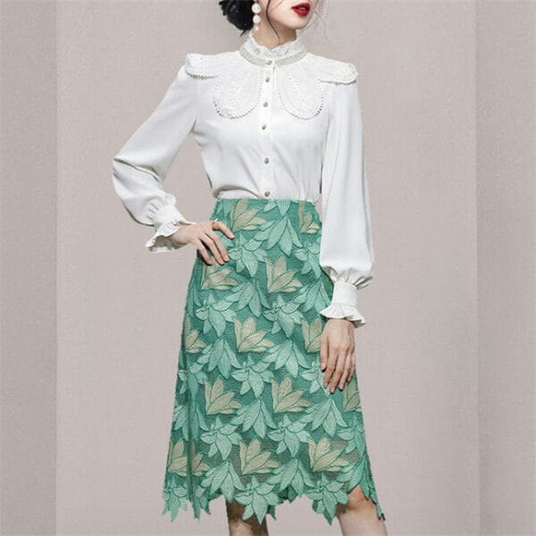 Beads Collar Flowers Puff Sleeve Blouse with Lace A-line Skirt 4