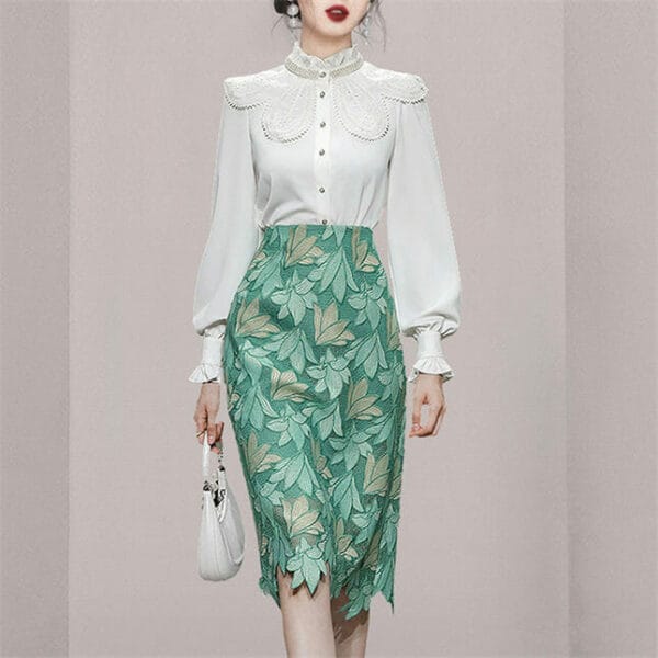 Beads Collar Flowers Puff Sleeve Blouse with Lace A-line Skirt 3
