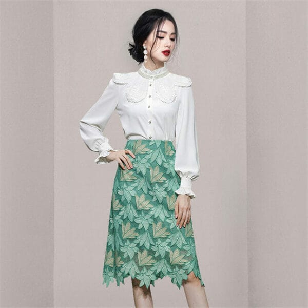 Beads Collar Flowers Puff Sleeve Blouse with Lace A-line Skirt 2