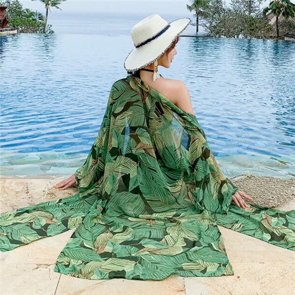 Bohemia Fashion Leaves Printings Chiffon Beach Long Dress 4