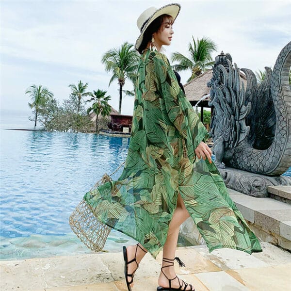 Bohemia Fashion Leaves Printings Chiffon Beach Long Dress 3