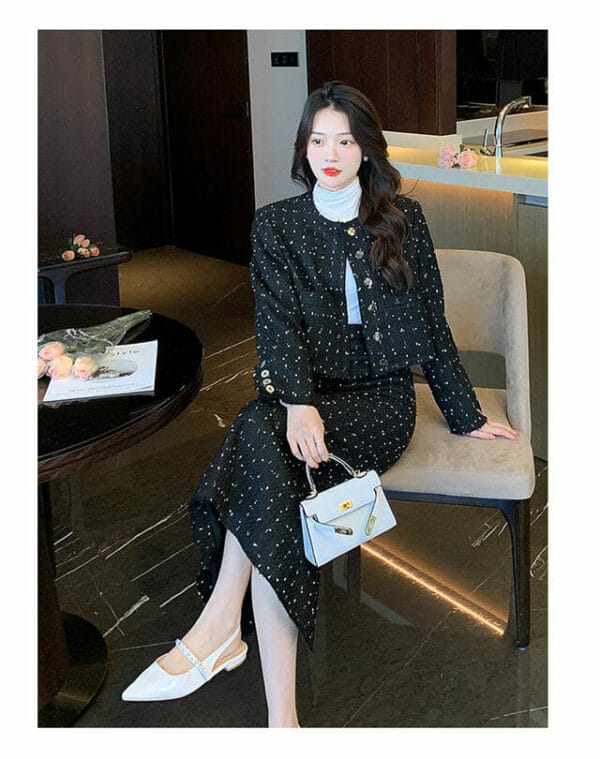 Boutique Fashion Single-breasted Woven Tweed Long Dress Set 4