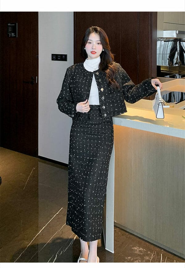 Boutique Fashion Single-breasted Woven Tweed Long Dress Set 2