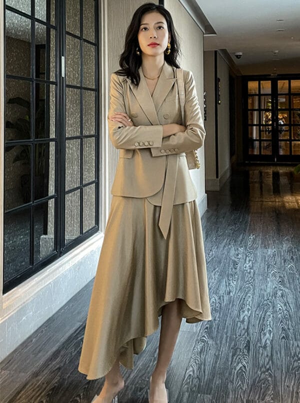 Brand Fashion Tailored Collar Jacket with Flouncing Long Skirt 1