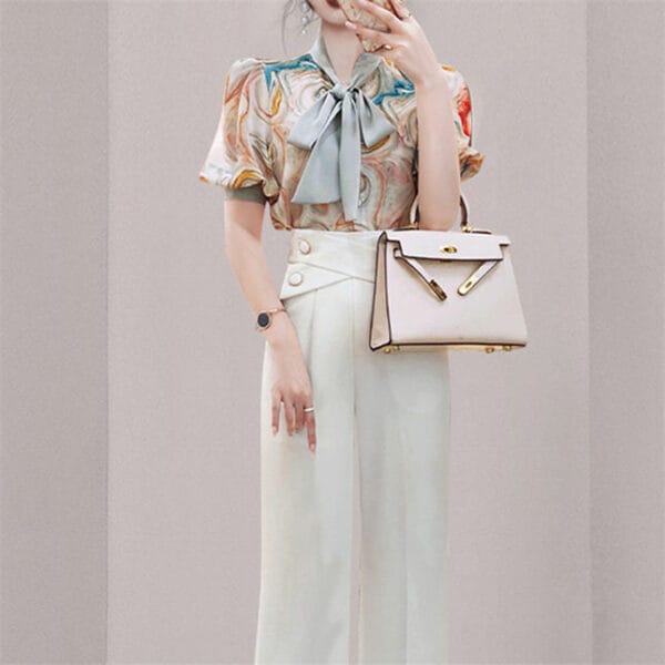 Brand New Tie Collar Flowers Blouse with Wide-leg Long Pants 4