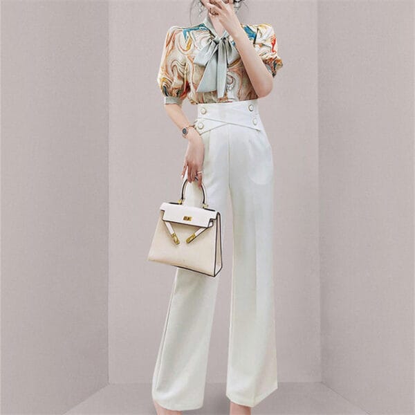 Brand New Tie Collar Flowers Blouse with Wide-leg Long Pants 3