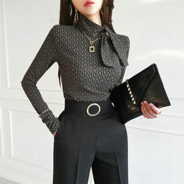 Brand New Tie Collar Knit Tops with High Waist Wide-leg Long Pants 2