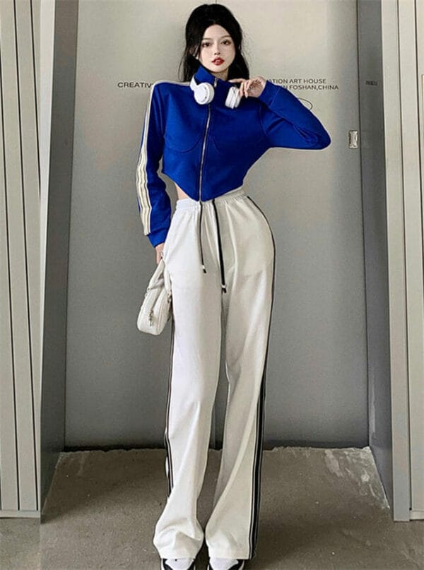 Casual Fashion 3 Colors Zipper Jacket with Stripes Long Pants 1