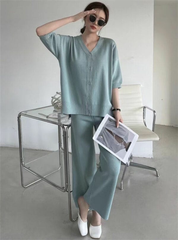 Casual Fashion Knitting Tops with Wide-leg Long Pants 1