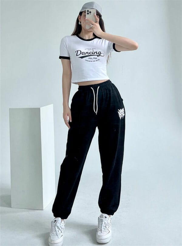 Casual Fashion Letters Short T-shirt with Elastic Waist Long Pants 1