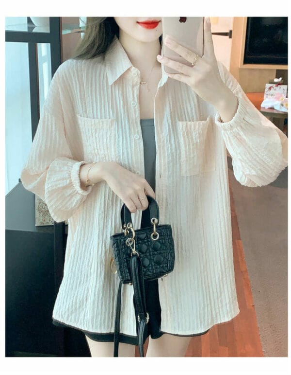 Casual Fashion Shirt Collar Pleated Loosen Long Sleeve Blouse 5