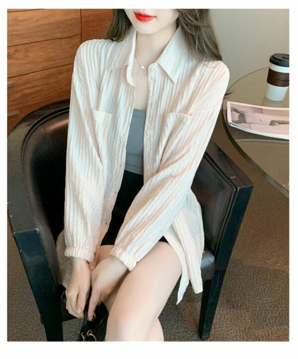 Casual Fashion Shirt Collar Pleated Loosen Long Sleeve Blouse 3