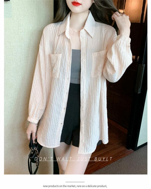 Casual Fashion Shirt Collar Pleated Loosen Long Sleeve Blouse 2