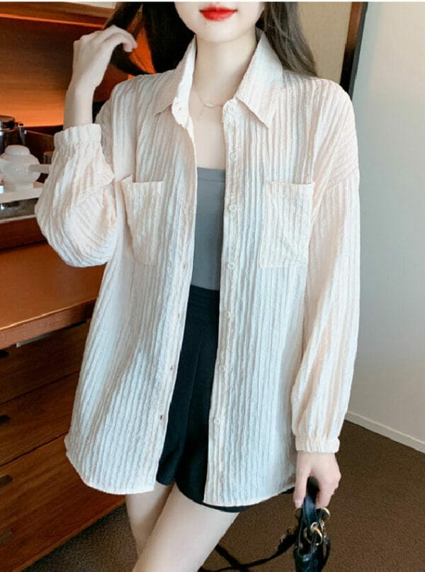 Casual Fashion Shirt Collar Pleated Loosen Long Sleeve Blouse 1