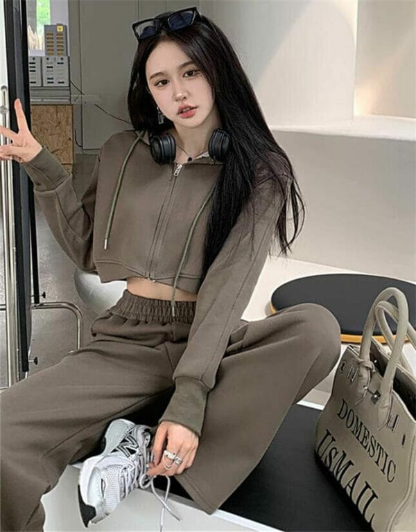 Casual Fashion Zipper Open Hooded Cotton Two Pieces Suits 2