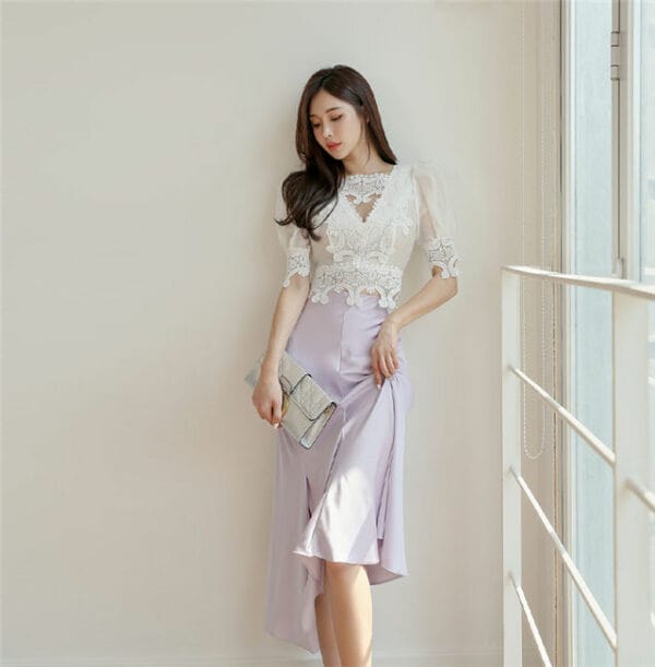 Charm Grace Lace Puff Sleeve Blouse with Fishtail Skirt 4