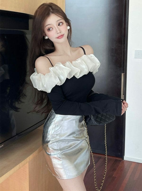 Pleated Boat Neck Knit Tops with Slim Short Skirt 4