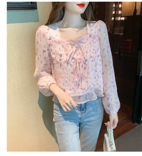 Charm Lady Square Collar Flowers Pleated Chiffon Blouse 4