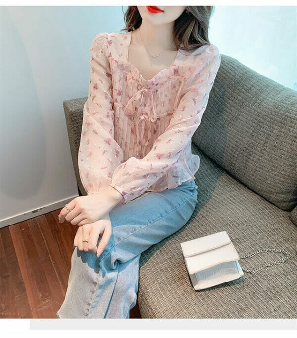 Charm Lady Square Collar Flowers Pleated Chiffon Blouse 3