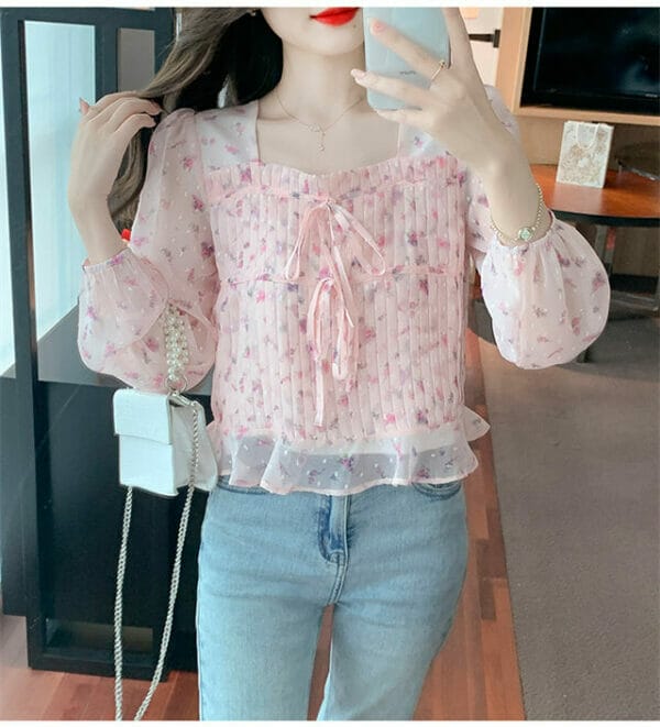 Charm Lady Square Collar Flowers Pleated Chiffon Blouse 2