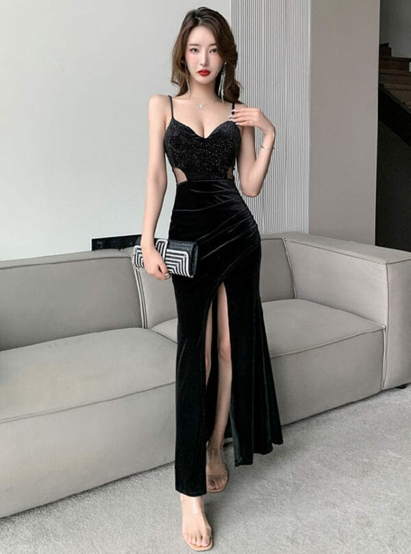 Charm Sexy 2 Colors Rhinestones V-neck Split Velvet Long Dress 4