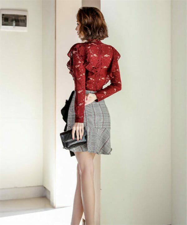 Charm Sexy Lace Hollow Out Blouse with Plaids Flouncing Skirt 5