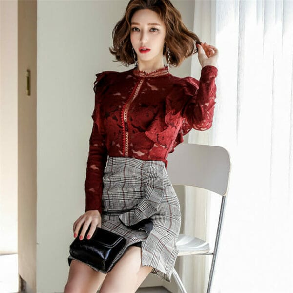 Charm Sexy Lace Hollow Out Blouse with Plaids Flouncing Skirt 4