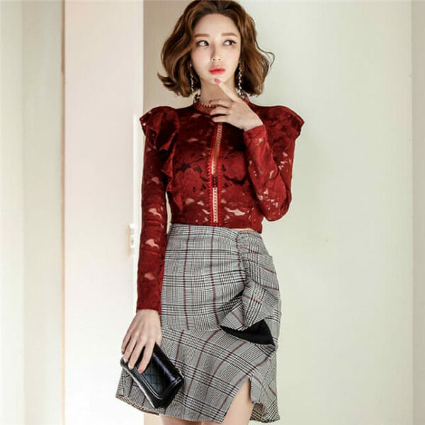Charm Sexy Lace Hollow Out Blouse with Plaids Flouncing Skirt 3