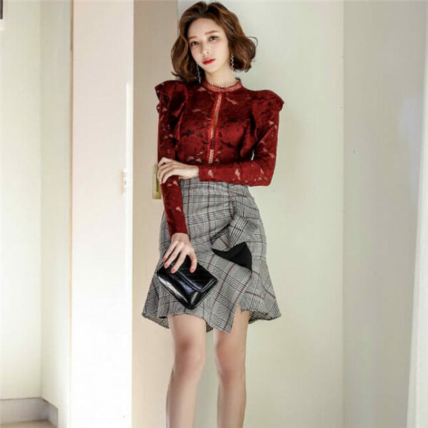 Charm Sexy Lace Hollow Out Blouse with Plaids Flouncing Skirt 2