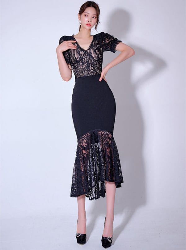 Charming Grace 2 Colors Lace Blouse with Fishtail Long Skirt 5