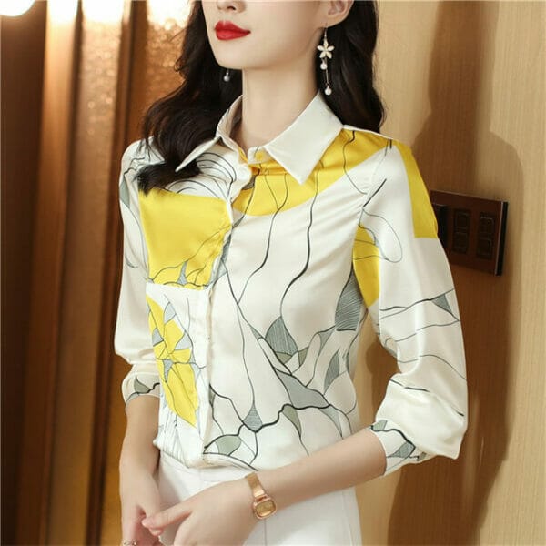 Charming Grace Color Block Flowers Casual Silk Blouse 2