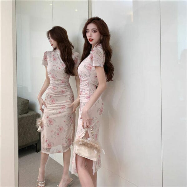 Charming Grace Pleated Flowers Split Cheongsam Dress 5