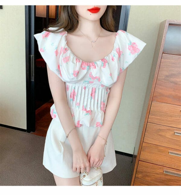 Charming Korea Boat Neck Flowers Pleated Slim Blouse 4