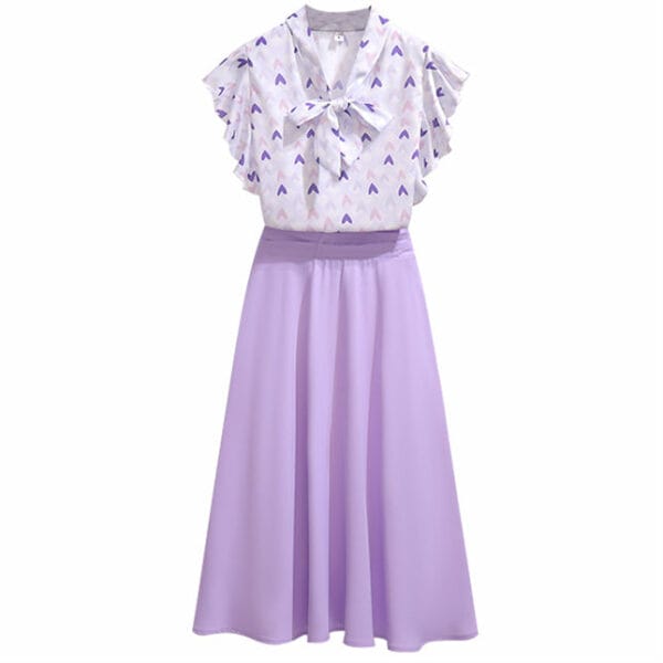 Charming Korea Tie Collar Hearts Blouse with A-line Skirt 3
