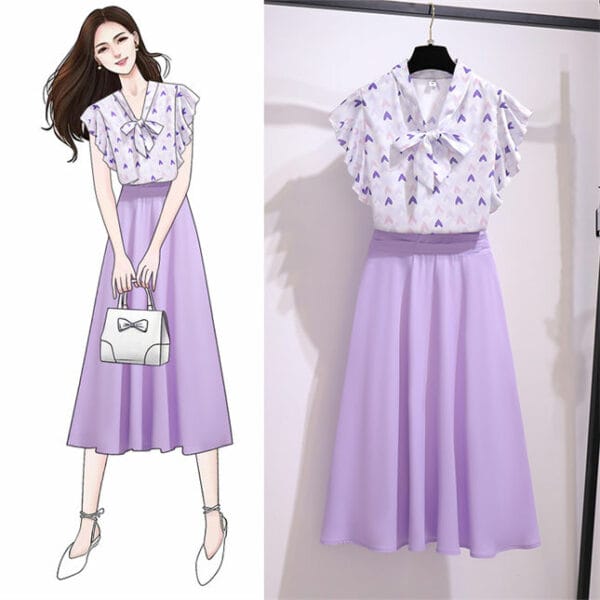 Charming Korea Tie Collar Hearts Blouse with A-line Skirt 2