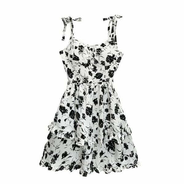 Charming Korea V-neck Flowers Layered Flouncing Straps Dress 6