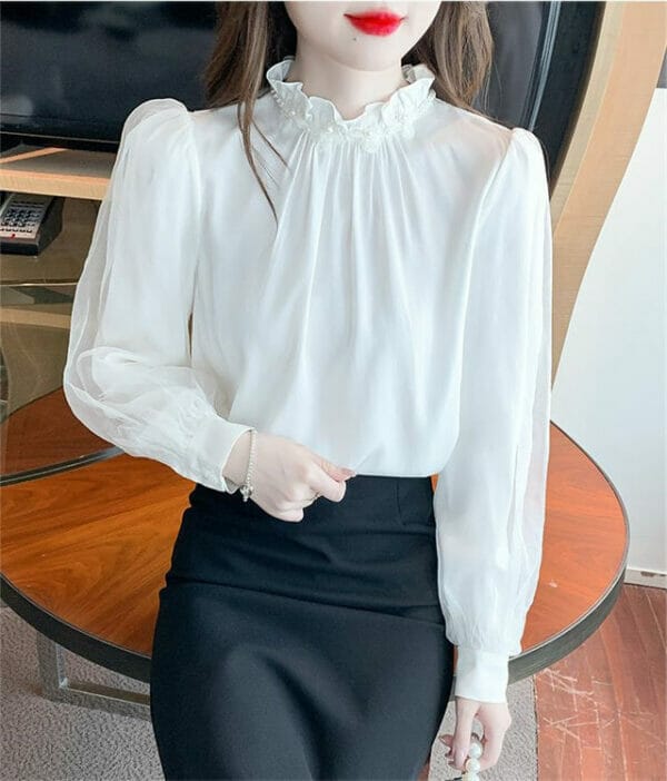 Charming Lady 2 Colors Beads Collar Puff Sleeve Blouse 6