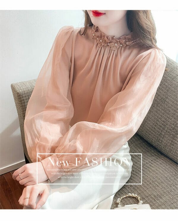 Charming Lady 2 Colors Beads Collar Puff Sleeve Blouse 3