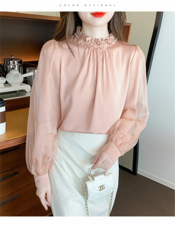 Charming Lady 2 Colors Beads Collar Puff Sleeve Blouse 2