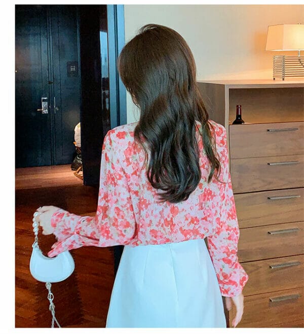 Charming Lady Stand Collar Flowers Flare Sleeve Blouse 5